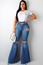 Blue Denim Button Fly Sleeveless High Patchwork Hole Solid Boot Cut Pants Pants