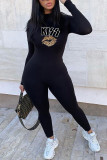 Black Casual Print O Neck Regular Jumpsuits