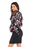 Black Fashion Long Sleeves O neck Straight Mini lace Patchwork Print 