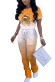 Orange Fashion Casual adult Ma'am O Neck Print Two Piece Suits Lips Print Pattern Plus Size
