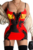 Red Sexy Street Spaghetti Strap Sleeveless Slip Pencil Dress skirt Print bandage Club Dresses