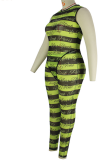 Fluorescent Green Sexy Striped Letter O Neck Plus Size 