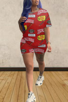 Red Milk Silk Fashion Street Print Two Piece Suits Straight Short Sleeve Two Pieces
