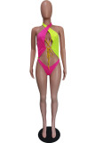Rose Red Fashion Sexy Patchwork Backless Strap Design Swimwears