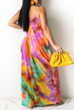 Navy Blue Casual Off The Shoulder Sleeveless Slip Swagger Floor-Length Print Patchwork