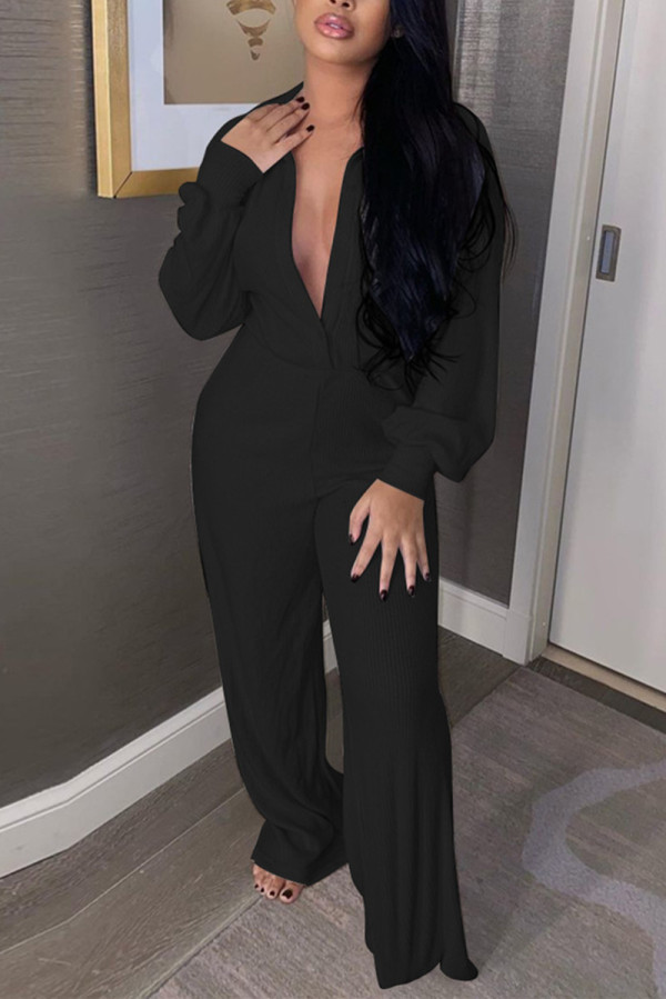 Black Fashion Casual Solid Basic Turndown Collar Regular Jumpsuits