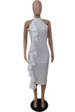 White Sexy Solid Flounce Halter Straight Dresses