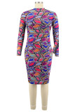 Blue Sexy Plaid Print Basic Turtleneck A Line Plus Size 