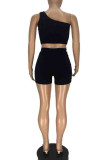Grey Sportswear Solid Patchwork One Shoulder Sleeveless Two Pieces
