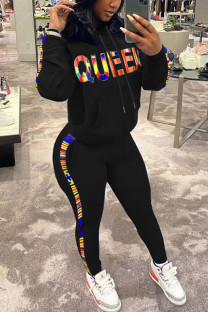Black Fashion Casual Letter Print Basic Hooded Collar Long Sleeve Two Pieces