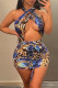 Blue Fashion Sexy Print Hollowed Out Backless Halter Sleeveless Dress
