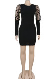Black Sexy Party Gauze Pit Article Fabrics Patchwork Solid Patchwork See-through O Neck Long Sleeve Mini A Line Dresses