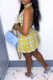 Red Fashion Sexy Plaid Print Hollowed Out Backless Halter Sleeveless Two Pieces