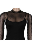 Black Network Sexy Patchwork Solid Hip skirt Long Sleeve Two-Piece Dress