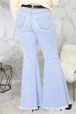 Dark Blue Fashion Casual Solid Ripped Without Belt Plus Size Jeans