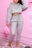 Grey Sweet Solid Patchwork Hooded Collar Long Sleeve Two Pieces