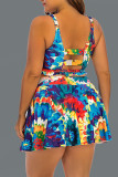 Colour Sexy Print Hollowed Out Patchwork Frenulum V Neck A Line Plus Size Swimwear