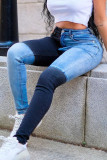 Blue Zipper Fly Mid Patchwork washing Old Zippered pencil Pants Bottoms