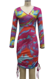 Colour Sexy Print Patchwork V Neck Pencil Skirt Dresses