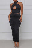 Silver Sexy Solid Hollowed Out Backless Fold Halter Sleeveless Two Pieces