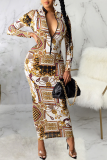 Multicolor Sexy Print Patchwork Zipper Collar Pencil Skirt Dresses