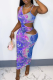 Blue Sexy Print Hollowed Out Spaghetti Strap Pencil Skirt Dresses