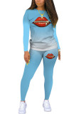 Blue Fashion Casual adult Ma'am Print Two Piece Suits pencil Long Sleeve Two Pieces