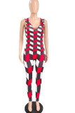 Yellow And Blue Sexy Print Patchwork V Neck Skinny Jumpsuits