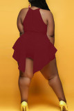 Wine Red Fashion Sexy adult Ma'am O Neck Patchwork Solid asymmetrical Stitching Plus Size