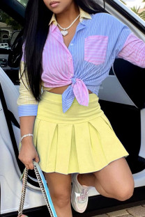 Yellow Fashion Sexy Patchwork Basic Turndown Collar Long Sleeve Two Pieces