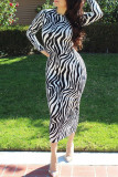 Black England Long Sleeves O neck Pencil Dress Mid-Calf Print zebra Dresses