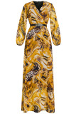 Red Elegant Print Patchwork V Neck Long Sleeve Plus Size Dresses