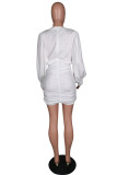 White Sexy Solid Fold O Neck Wrapped Skirt Dresses