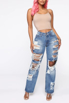 Blue Denim Zipper Fly High Hole Straight Pants Bottoms
