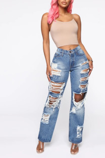 Blue Denim Zipper Fly High Hole Straight Pants Bottoms