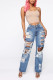 Blue Denim Zipper Fly High Hole Straight Pants Bottoms