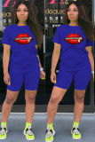Red Fashion Casual adult Ma'am Print Two Piece Suits Lips Print Straight Short Sleeve Two Pieces
