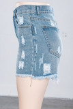 Light Blue Denim Zipper Fly Mid Solid washing Old Straight shorts Bottoms