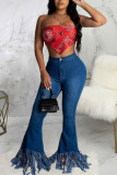 Dark Blue Tassel Design Flared Denim