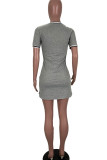 Grey Fashion Casual Black Grey Green Dark Blue Cap Sleeve Short Sleeves O neck Step Skirt Knee-Length Solid Dresses