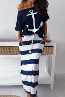 Blue Fashion Casual Two Piece Suits Patchwork Striped Print Straight Short Sleeve Two-Piece Dr