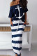Blue Fashion Casual Two Piece Suits Patchwork Striped Print Straight Short Sleeve Two-Piece Dr