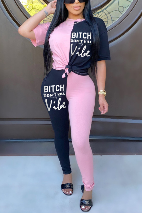 Pink Fashion Casual Letter Print Patchwork O Neck Long Sleeve Two Pieces
