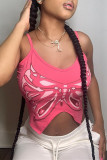 Rose Red Fashion Sexy Print Backless Asymmetrical Spaghetti Strap Tops