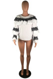 White O Neck Long Sleeve ruffle Solid Patchwork Tees & T-shirts