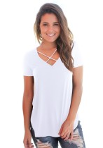 White Fashion Casual Regular V-Neck Short Solid Regular Tees & T-shirts