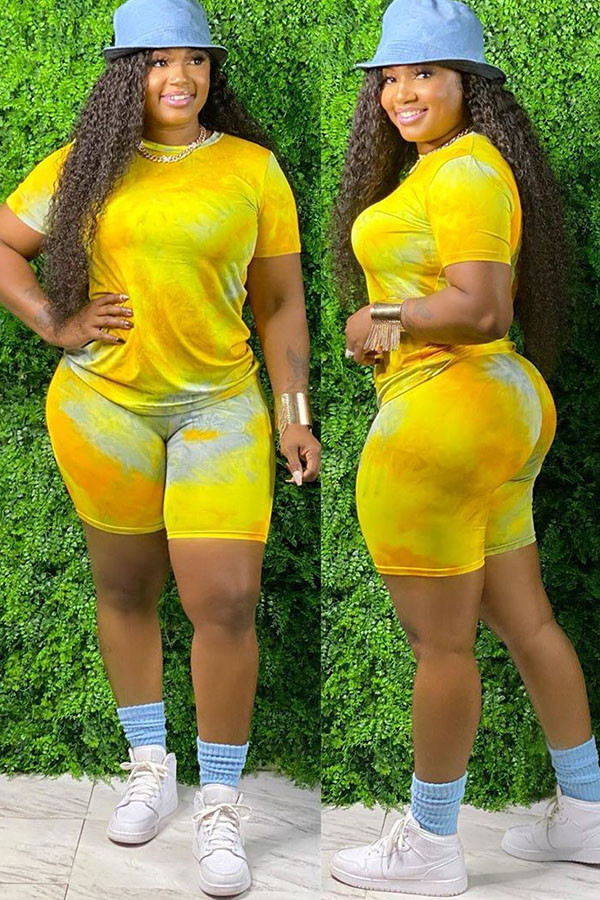 Yellow Fashion Sexy adult Ma'am Tie Dye Two Piece Suits Straight Short Sleeve Two Pieces