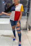 Blue Fashion Casual Patchwork Basic O Neck T-Shirts
