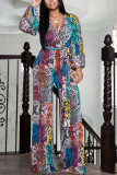Multicolor Sexy Print With Belt V Neck Straight Jumpsuits