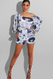 White Celebrities Fashion adult Two Piece Suits Patchwork Letter Print pencil Half Sleeve